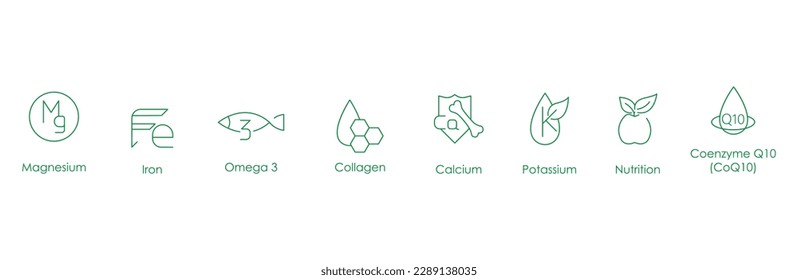 Magnesium, iron, omega 3, collagen, calcium, potassium, nutrition, coenzyme 10 icon set vector illustration 