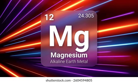 Magnesium (Mg) (012) Alkali Earth Metal, Glass Morphism Element Futuristic Neon Light Glow Background Periodic Table, Chemical Symbol, Name, Atomic Mass, Atomic Number, Vector Illustration