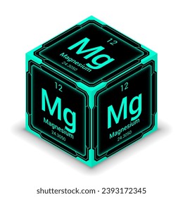 Magnesium (Mg) (012) - Futuristische, zybernetische, zybernetische Kubikwürfelblockansicht, Symbol einzeln auf weißem Hintergrund, periodischer Tabelle, chemisches Symbol, Name, Atommasse, Atomnummer