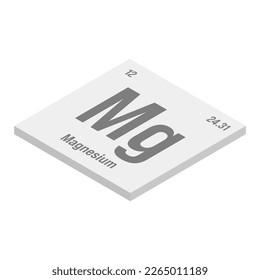 Magnesium, Mg, gray 3D isometric illustration of periodic table element with name, symbol, atomic number and weight. Alkaline earth metal with various industrial uses, such as in alloys, construction