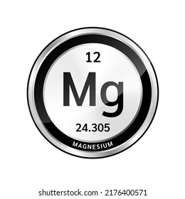 Magnesium (Mg) symbol icon and chemical formulas atomic number scientific element. Periodic table in a silver. Ecology biochemistry concept. Isolated spheres on white background. 3D Vector.