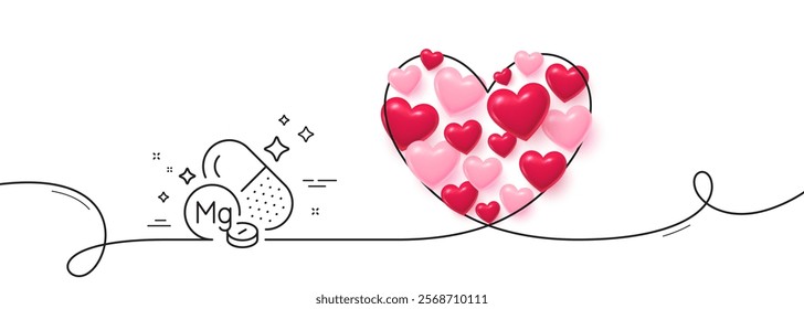 Magnesium mineral line icon. Continuous line big heart. Chemical element Mg sign. Capsule or pill symbol. 3d hearts in heart shaped loop. Magnesium mineral single line ribbon. Vector