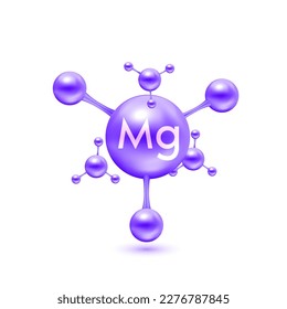 Magnesium minerals in the form of atoms molecules purple glossy. Icon 3D isolated on white background. Minerals vitamins complex. Medical and science concept. Vector EPS10 illustration.