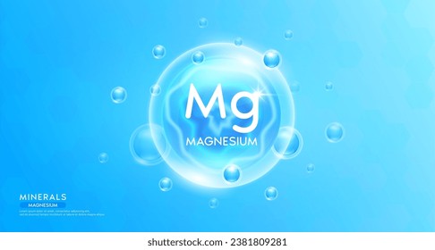 Magnesium Mineralien in blauen Blasen schwimmen in der Luft. Vitamine sind eine komplexe essenzielle Ergänzung zur Gesundheitsversorgung. Für Nahrungsmittel und Medizin. Wissenschaftliches medizinisches Konzept. Banner-3D-Vektorgrafik.