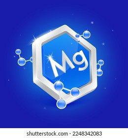 Magnesium minerals in pentagon blue shape with chemical atom molecule orbit around. 3D Logo label nutrition silver. Used for products food and medicine design. Science concepts. Isolated Vector.