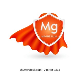 Magnesium minerals in shield knight red cloak. Vitamins essential protect build immunity healthy. For ads dietary supplements medical and pharmacy. Vector EPS10 illustration.