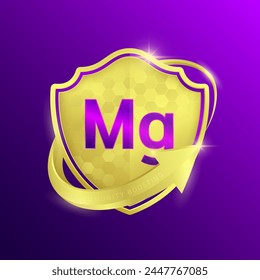 Magnesium minerals in shine gold shield surrounded by arrows. Vitamins immunity boosting. Symbol 3D isolated on purple background. Used for design dietary supplement products. Vector EPS10.