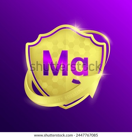 Magnesium minerals in shine gold shield surrounded by arrows. Vitamins immunity boosting. Symbol 3D isolated on purple background. Used for design dietary supplement products. Vector EPS10.