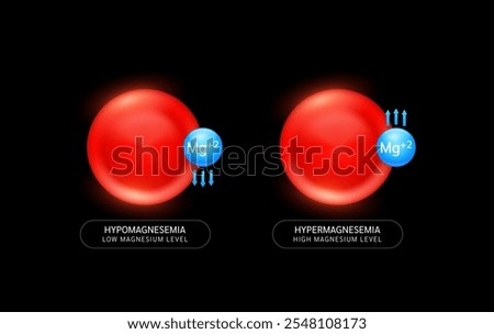 Magnesium in red blood cells with up down arrows on black background. Low high level of minerals and vitamins in the body is an electrolyte disorder. Medical science concept. Vector EPS10.