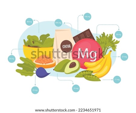 Magnesium rich foods flat composition with banana avocado cocoa caviar peas chocolate vector illustration