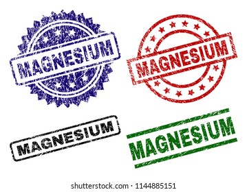 MAGNESIUM seal imprints with corroded texture. Black, green,red,blue vector rubber prints of MAGNESIUM label with corroded texture. Rubber seals with round, rectangle, rosette shapes.