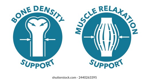 Iconos de suplemento de magnesio conjunto Densidad ósea y Relajación muscular. Pictogramas monocromos circulares para etiquetado