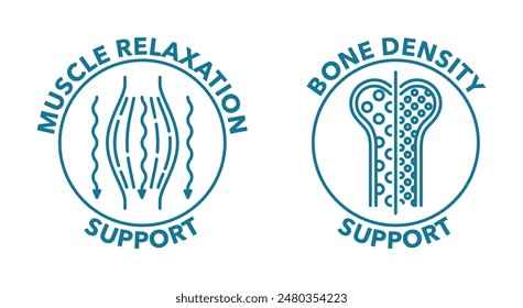 Magnesium supplement icons set Bone Density and Muscle Relaxation. Circular pictograms in thin line for labeling