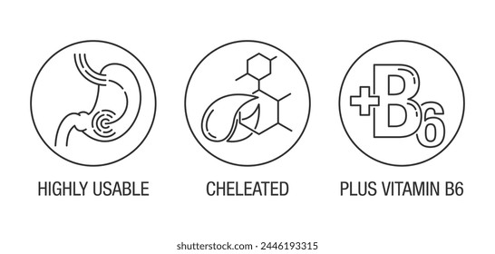 Magnesium supplement icons set - Highly Usable, Cheleated, Plus Vitamin D6. In thin line