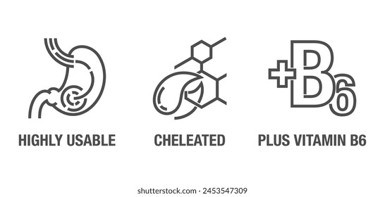 Magnesium supplement icons set - Highly Usable, Cheleated, Plus Vitamin D6. In bold line