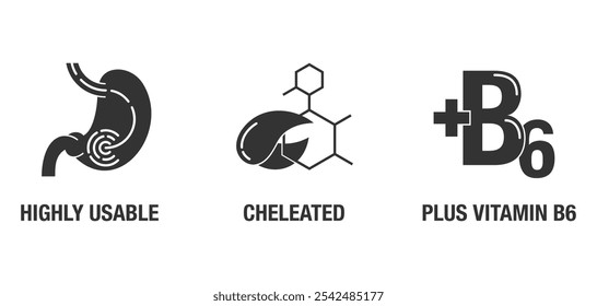 Magnesium supplement icons set - Highly Usable, Cheleated, Plus Vitamin D6. In monochrome style