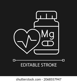 Magnesium supplements white linear icon for dark theme. Heart attack and cardiac arrest prevention. Thin line customizable illustration. Isolated vector contour symbol for night mode. Editable stroke