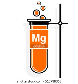 Magnesium symbol on label in a orange test tube with holder. Element number 12 of the Periodic Table of the Elements - Chemistry