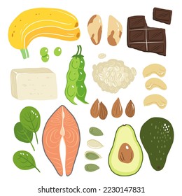 Magnesium Vektorgrafik. Lebensmittel mit hohem Mineralgehalt. Fette Fische, Tofu, Avocado, Hafer, Spinat, Mandeln, Cashew-Nüsse, Banane. Informationsposter. Essen, Diät.