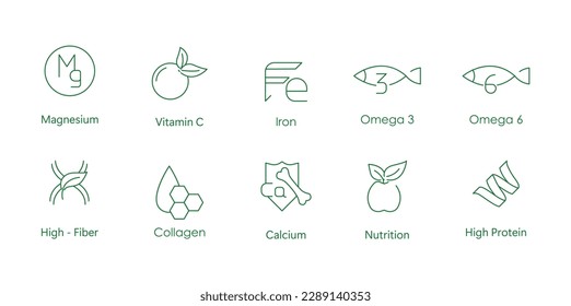 magnesium, vitamin c, iron, omega 3, omega 6, high fiber, collagen, calcium, nutrition, high fiber icon set vector illustrtaion