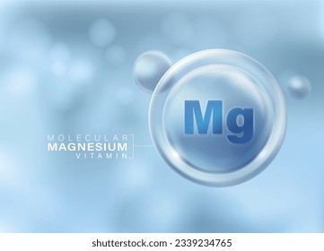 Magnesium vitamin molecule floating in front of isolated blue background.  important vitamins that nourish the body Advertising media for dietary supplements, cosmetics, multivitamins.