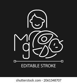 Magnesium white linear icon for dark theme. Products that content mg. Panic attack prevention. Thin line customizable illustration. Isolated vector contour symbol for night mode. Editable stroke