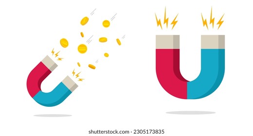 Magnet 3d icon vector and earn attract money cash force power of wealth rich graphic illustration, financial success energy feature concept clipart image