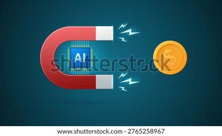 Magnet with an artificial intelligence processor attracts money for investment in its development against a technological backdrop. Vector 3D illustration.