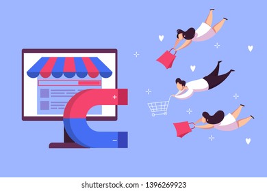 Magnet attract customer web banner concept. Business marketing and advertisement. Advertise target audience. Vector illustration in cartoon style