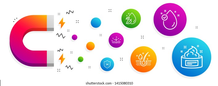 Magnet attracting. 24 hours, Serum oil and Water drop icons simple set. Clean skin, Vitamin e and Skin cream signs. Protection, Healthy hairs. Beauty set. Line 24 hours icon. Editable stroke. Vector