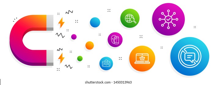 Magnet attracting. Approved mail, Online shopping and Survey check icons simple set. Web search, Face biometrics and Stop talking signs. Confirmed document, Notebook with shopping cart. Vector