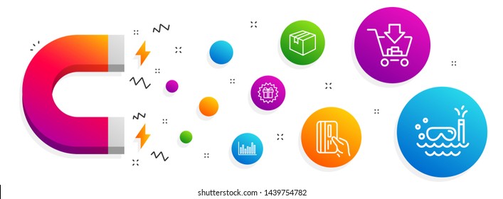 Magnet attracting. Bar diagram, Payment card and Surprise gift icons simple set. Shopping, Parcel and Scuba diving signs. Statistics infochart, Credit card. Business set. Line bar diagram icon. Vector