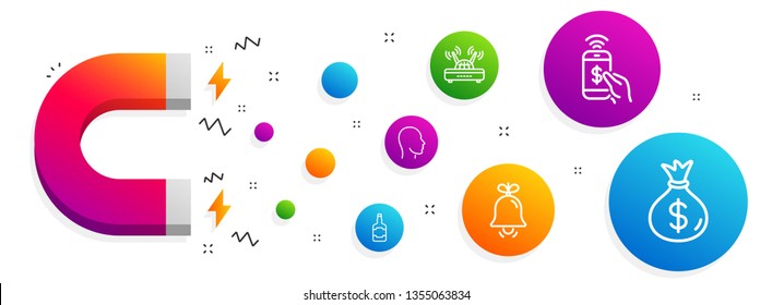 Magnet attracting. Bell, Whiskey bottle and Head icons simple set. Phone payment, Wifi and Money bag signs. Alarm signal, Scotch alcohol. Business set. Line bell icon. Editable stroke. Vector