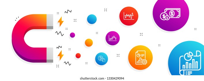 Magnet attracting. Bitcoin pay, Candlestick graph and Dollar money icons simple set. Stock analysis, Report and Report document signs. Cryptocurrency coin, Finance chart. Finance set. Vector