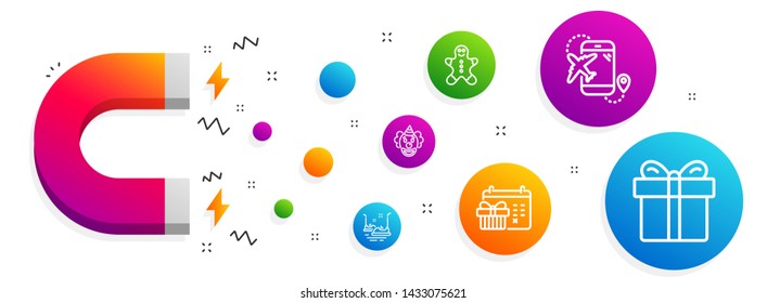 Magnet attracting. Bumper cars, Clown and Gingerbread man icons simple set. Christmas calendar, Flight destination and Gift box signs. Carousels, Funny performance. Holidays set. Vector