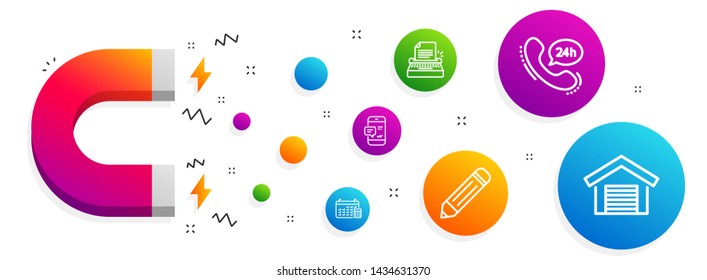 Magnet attracting. Calendar, Typewriter and Pencil icons simple set. Smartphone notification, 24h service and Parking garage signs. Calculator device, Writer machine. Technology set. Vector