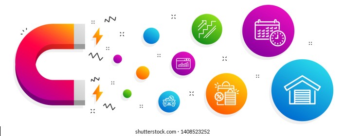 Magnet attracting. Calendar, Website statistics and Car leasing icons simple set. Stairs, Shopping bags and Parking garage signs. Time, Data analysis. Business set. Line calendar icon. Vector