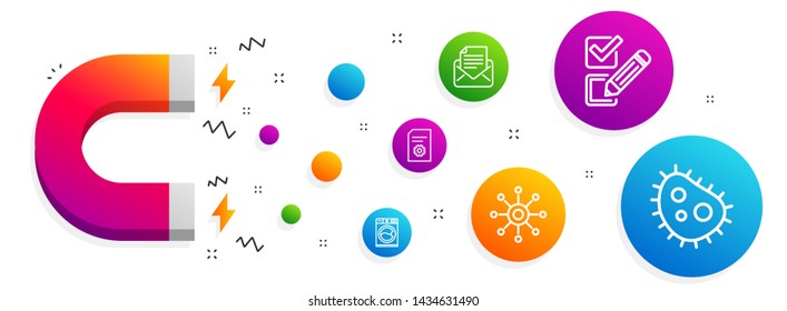 Magnet attracting. Checkbox, File settings and Multichannel icons simple set. Washing machine, Mail correspondence and Bacteria signs. Survey choice, File management. Technology set. Vector