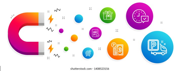 Magnet attracting. Checked calculation, Select alarm and Parking payment icons simple set. Archery, Delivery boxes and Truck parking signs. Statistical data, Time symbol. Business set. Vector