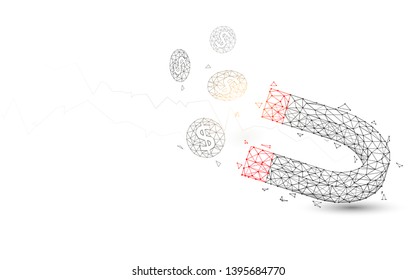 Magnet attracting coins from lines, triangles and particle style design. Illustration vector