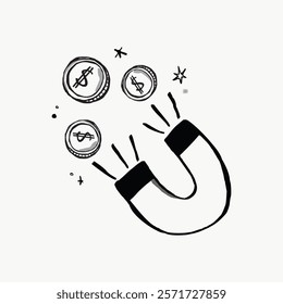 Magnet attracting coins, symbolizing financial success. Money magnet concept with dollar signs, illustrating wealth and prosperity. Simple isolated black line art doodle vector.