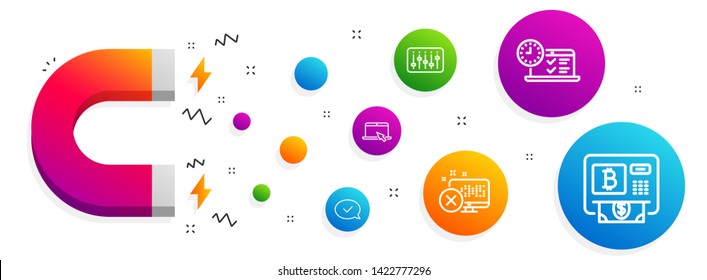 Magnet attracting. Dj controller, Online test and Approved message icons simple set. Reject access, Portable computer and Bitcoin atm signs. Musical device, Examination. Technology set. Vector