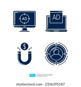 Magnet attracting dollar coin, Target Audience, Digital Advertising. SEO Search Engine Optimization and internet marketing advertising glyph icon set