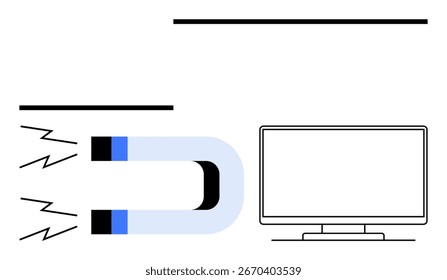 Imán que atrae líneas eléctricas hacia un monitor de computadora. Ideal para educación, ciencia, física, tecnología, electromagnetismo, visualización de datos, instruccional. Metáfora de línea