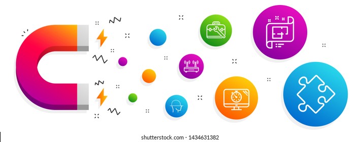 Magnet attracting. Face scanning, Wifi and Tool case icons simple set. Seo timer, Architectural plan and Strategy signs. Faces detection, Internet router. Technology set. Vector