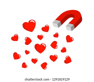 The magnet is attracting the heart into itself. The power to attract love. Red magnet with hearts.