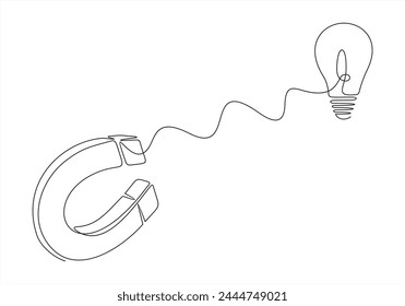 Magnet in Attracting ideas.light bulb lamp ideas, new ideas, creativity or innovation for new business concept. Vector illustration.Continuous one line drawing