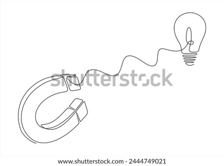Magnet in Attracting ideas.light bulb lamp ideas, new ideas, creativity or innovation for new business concept. Vector illustration.Continuous one line drawing