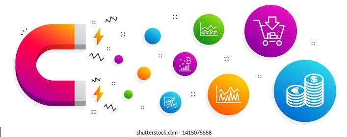 Magnet attracting. Investment, Accounting and Bitcoin graph icons simple set. Trade infochart, Shopping and Currency signs. Economic statistics, Supply and demand. Finance set. Vector