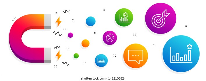 Magnet attracting. Line graph, Target and Report timer icons simple set. Blog, Pie chart and Efficacy signs. Market diagram, Targeting. Education set. Line line graph icon. Editable stroke. Vector